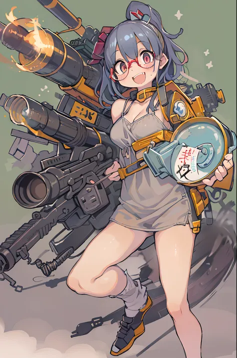 masutepiece, Best Quality, 1girl in, Sharp eyes, Smile,rocket launcher、big round glasses,Camisole、Gizatooth