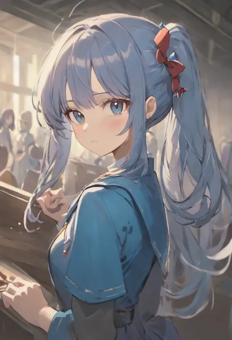 Blunt bangs, butterfly hair ornaments, hair flower, Blue dress, With gray eyes, Light blue hair, Moles under the eyes
Hi tea (school uniform)
 pony tails, serafuku, Blunt bangs, Hair Bow, Black bow, Hair ribbon, Red ribbon, school uniform, Sailor shirt, Sa...