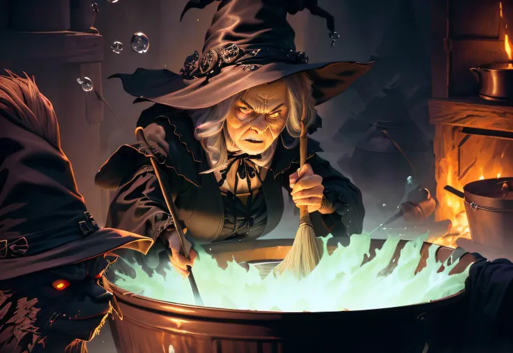 angry, glaring, old, ugly, hunchback witch wearing black pointed witch hat cooking a cauldy with a broom and a pot, casting a spell on a potion, the witch conjure, bubbling cauldron!, witch burning, witchcore, witch, witch clothes, witchy, witchcraft!, bub...