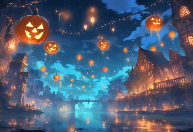 Halloween Floating Lights, Cinematic light and reflection, glowing lights, Intermediate metaverse elements，Digital Painting, Glowing reflections, pondering, Halloween Jack-o-lantern, calm night, Digital Illustration, Beautiful atmosphere, Skylight at night...