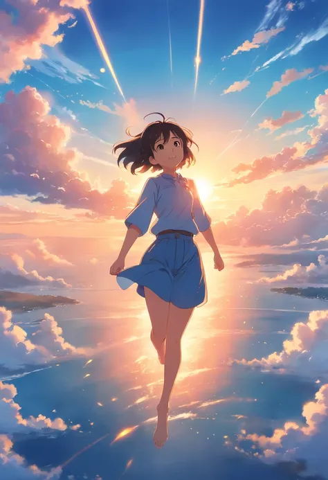 masterpiece, best quality, movie still, 1girl, cloud girl, floating in the sky, close-up, bright, happy, warm soft lighting, sunset, (sparks:0.7)