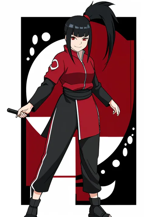 Black Hair, Braided ponytail, messy hair, bangs, hair over left eye, red eye, one eye, winking, smiling, black and red outfit, ninja outfit, full body, medium breasts