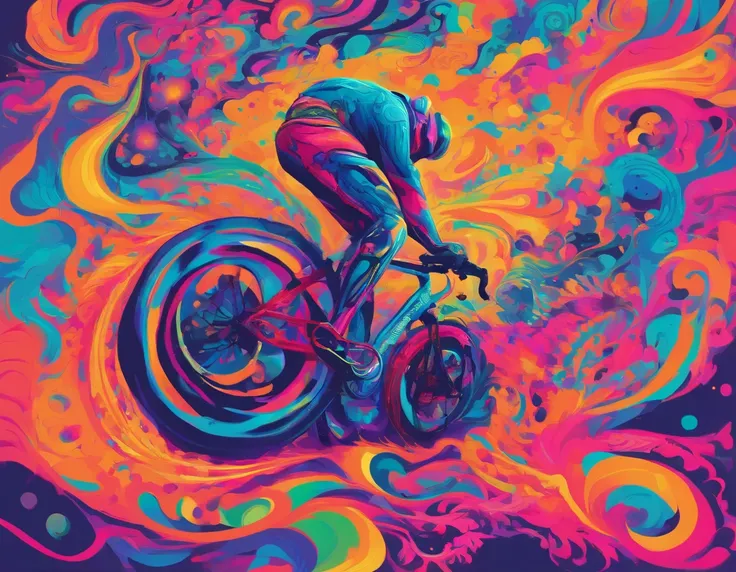 uma homem com capacete de ciclista, traje de cor azul mesclado com preto, neon e cocar , arte transgressora, foco nítido, 8 mil, octan render , cores saturadas, pastels colors