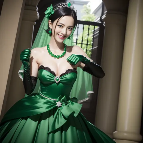 emerald tiara, Green Pearl Necklace, Boyish very short black hair, lipsticks, Japan woman smiling, Long green gloves made of satin material, very short short hair, fist, big breasts beautiful, Green eyes