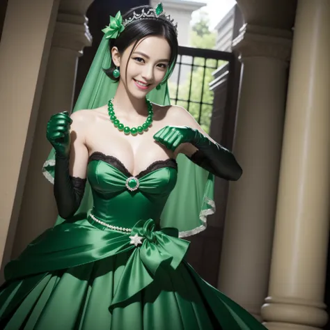 emerald tiara, Green Pearl Necklace, Boyish very short black hair, lipsticks, Japan woman smiling, Long green gloves made of satin material, very short short hair, fist, big breasts beautiful, Green eyes