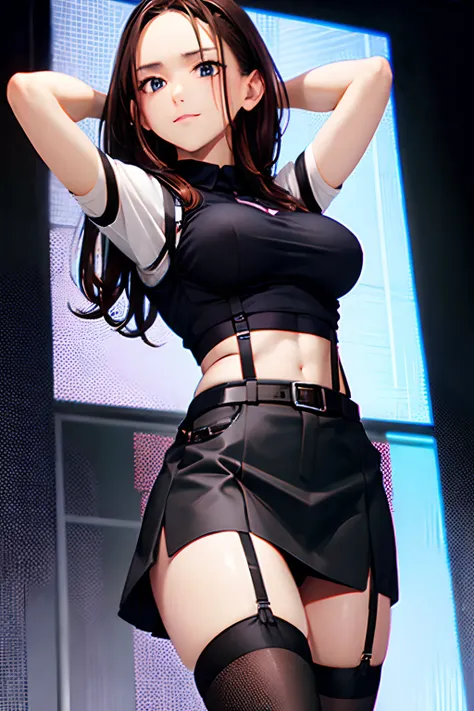 Black skirt, 　suspenders, Brown hair Gray eyes, Garter belt on the legs, Tight black clothes, 　　 a belt　Armpit sweat　　Dark look　Moderately breasts　holster　 Forehead Center