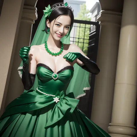 emerald tiara, Green Pearl Necklace, Boyish very short black hair, lipsticks, Japan woman smiling, Long green gloves made of satin material, very short short hair, fist, big breasts beautiful, Green eyes