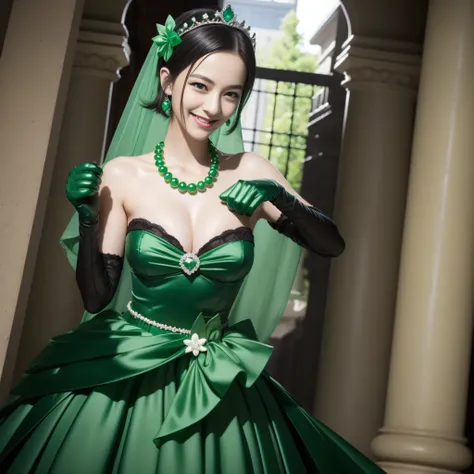 emerald tiara, Green Pearl Necklace, Boyish very short black hair, lipsticks, Japan woman smiling, Long green gloves made of satin material, very short short hair, fist, big breasts beautiful, Green eyes