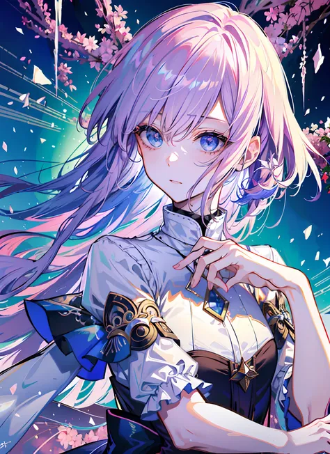 full bodyesbian，tmasterpiece，Best quality at best，offcial art，Very detailed CG 8k wallpaper，(flying petal)(detailed ice)，The crystal texture of the skin，Grim expression，(fox ear)，whaite hair，long whitr hair，messy  hair，eBlue eyes，Medium breasts，looking at ...