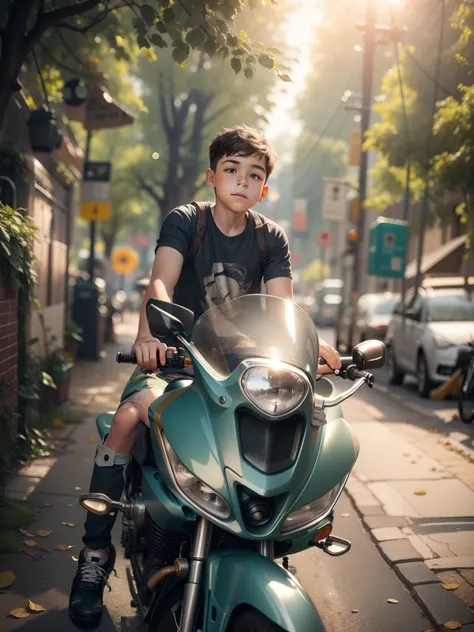 A boy sitting on a bike, the background natural, blur,