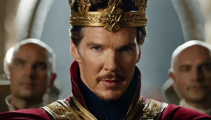 Benedict Cumberbatch is Doctor Strange on a crown and a crown on his head, Doctor Strange as the new King of Great Britain, Doutor Estranho vestindo um manto real, com cetro e coroa, Doutor Estranho usando uma coroa e terno, Deus salve a rainha!!!, vestind...