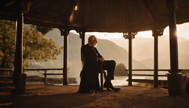 Old gentleman with a goatee，sit on chair，Touch the black riding boots with your hands, 8K分辨率,Wallpaper masterpiece，Best quality，Highly meticulous，Ultra high quality，The midday sun is a bit dazzling