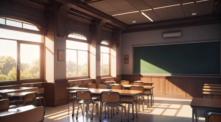 almost-realistic classroom looked from inside, fantasy style