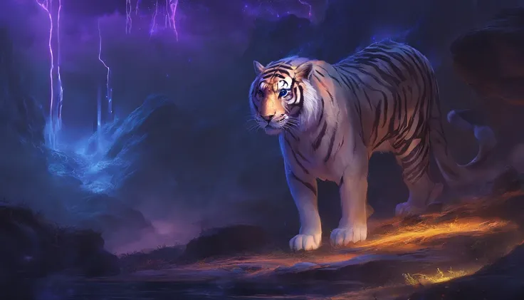 Fantasy World Saber-toothed Tiger，Emits blue-violet light，Glow effects，the night，中景 the scene is，Full body like， highly detailed surreal vfx，oc rendered，Shoot with 70 mm - AR