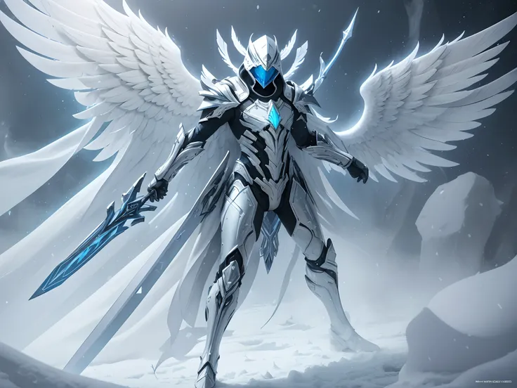 (Archangel Michael in a Warframe style armor with a white sword), (White and blue color scheme with light blue linings), (White armor with blue trim, white Assassin hood, and white feather wings), metallic coating, (snowy silver cathedral background), cent...