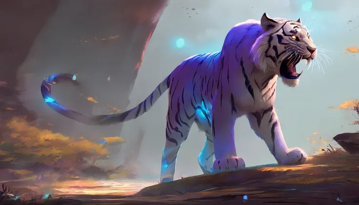 Fantasy World Saber-toothed Tiger，Emits blue-violet light，Glow effects，the night，中景 the scene is，Full body like， highly detailed surreal vfx，oc rendered，Shoot with 70 mm - AR