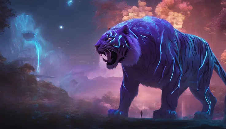 Fantasy World Saber-toothed Tiger，Emits blue-violet light，Glow effects，the night，中景 the scene is，Full body like， highly detailed surreal vfx，oc rendered，Shoot with 70 mm - AR