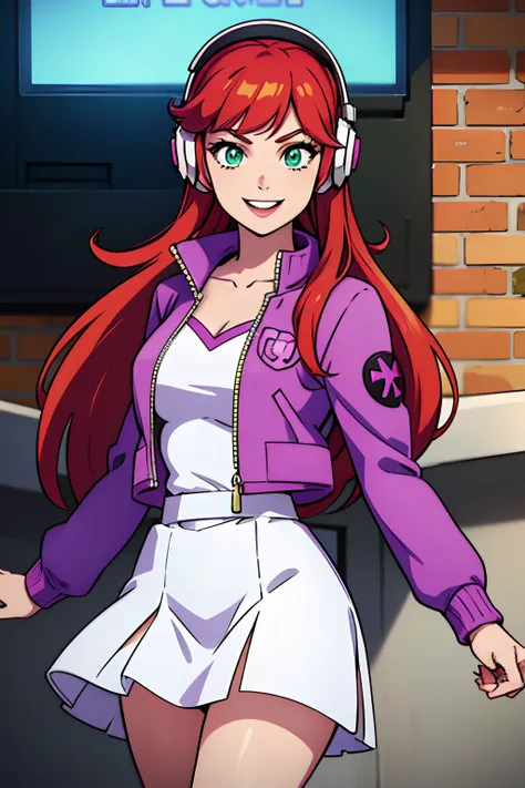 daphne blake, white skirt, headphones, gamer girl, red head, jacket, green eyes, smiling