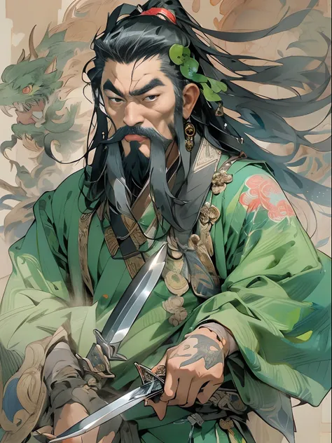 (((China-style，Ink painting method，Half-length portrait，Intense color，Han dynasty, China，Hanfu，Armor，Guan yu，Guan Yunchang，of a guy，Ruddy killing square face，Hold the Blue Dragon Moon Knife in his right hand，Stroke your beard with your left hand，Long hair，...