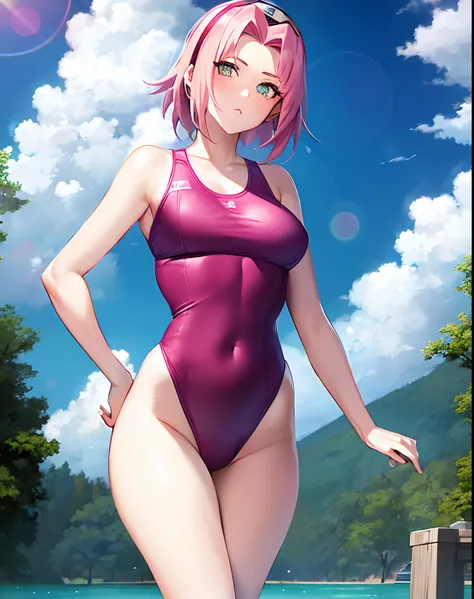 Sakura Haruno，Naruto（Series），naruto shippuuden，Anime art style，tmasterpiece，looking at viewert，full bodyesbian，Fighting posture，swimming uniform，one piece swimsuit，short detailed hair，Forehead protector，shairband，Mummy leaf symbol on headband，1girll，独奏，By ...