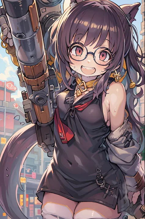 masutepiece, Best Quality, 1girl in, Sharp eyes, Smile,rocket launcher、big round glasses,Camisole、Jagged teeth