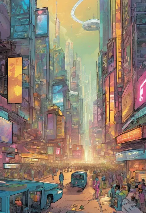 A bustling city of the future. Skyscrapers adorned with holographic billboards stretch towards the sky. people, Both humans and robots, Actively moving along the streets.. The atmosphere is buzzing in harmony with the chatter of humans and the buzzing of r...