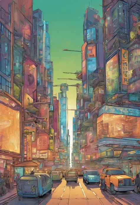 A bustling city of the future. Skyscrapers adorned with holographic billboards stretch towards the sky. people, Both humans and robots, Actively moving along the streets.. The atmosphere is buzzing in harmony with the chatter of humans and the buzzing of r...