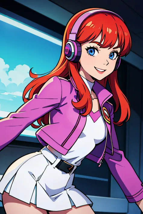 daphne blake, white skirt, headphones, gamer girl, red head, jacket, smiling