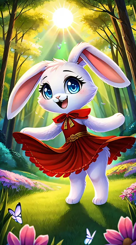 zoomed out image, fantasy style art, cute, adorable, small and tiny little fluffy female white bunny with blue eyes, big floppy ears, long ears, long eyelashes, wearing a long red frilly ribbon dress, smiling, standing in a forest, big expressive smile, op...