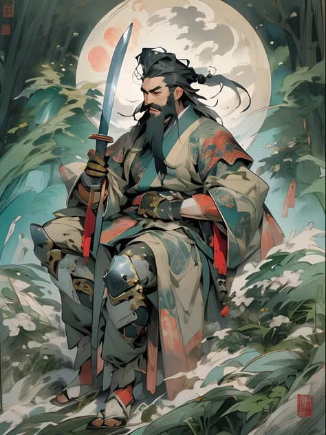 (((China-style，Ink painting method，Half-length portrait，Intense color，Han dynasty, China，Hanfu，Armor，Guan yu，Guan Yunchang，of a guy，Ruddy killing square face，Hold the Blue Dragon Moon Knife in his right hand，Stroke your beard with your left hand，Long hair，...