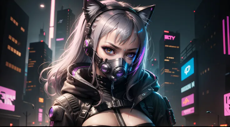 Cat girl, face, mask, ((cyberpunk)), futuristic, grey eyes, extremely detailed eyes