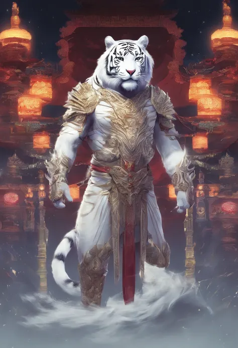 Chinese mythology，the white tiger，divinity，ferocious，gargantuan，with light glowing，Glow effects，the night，中景 the scene is，Full body like， highly detailed surreal vfx，oc rendered，Shoot with 70 mm - AR