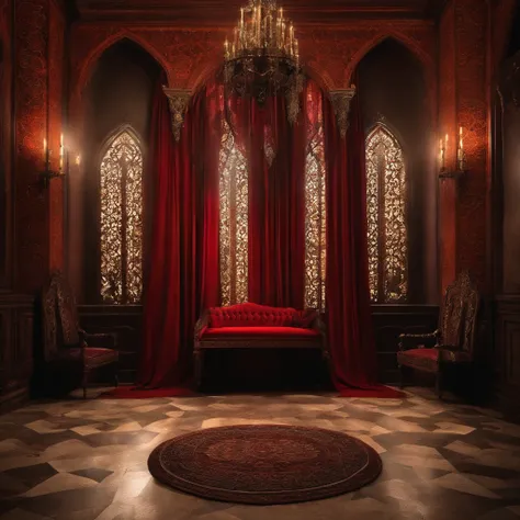 hall with throne, janela com luar, cortinas vermelhas, noite, gothic style, cores obscuras, terror, cores vivas,