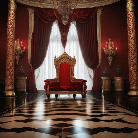 hall with throne, janela com luar, cortinas vermelhas, noite, gothic style, cores obscuras, terror, cores vivas,