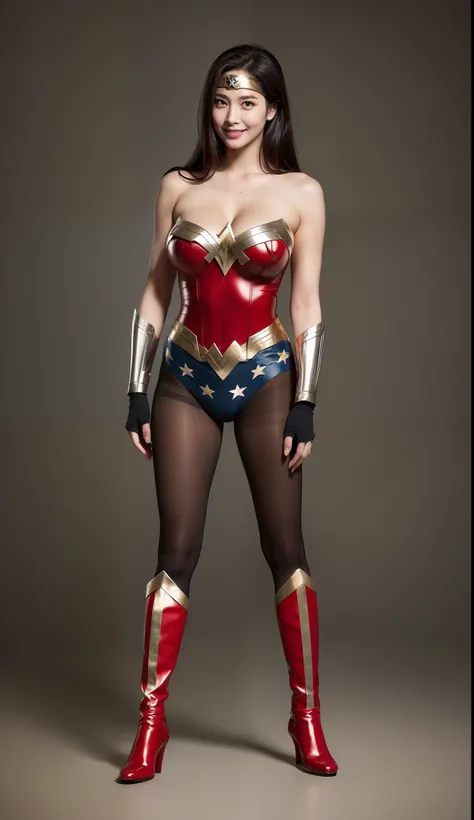 (((Make the most of the original image)))、(((Wonder Woman Costume)))、(((lustrous dark hair)))、(((Suffering)))、(((Feet must necessarily be worn with black tights)))、(((Smile)))、(((You need to wear red boots)))、((Top image quality、8K))、((top-quality、8K、​mast...