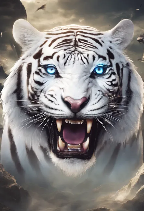 Chinese mythology，the white tiger，divinity，Ferocious，gargantuan，with light glowing，Glow effects，the night，中景 the scene is，Full body like， highly detailed surreal vfx，oc rendered，Shot with 70 mm - AR 16:9 --q 2 --s 1000