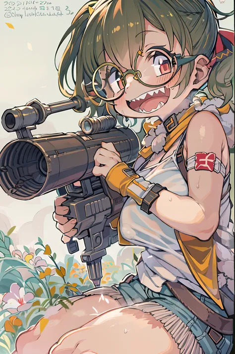 masutepiece, Best Quality, 1girl in, Sharp eyes, Smile,rocket launcher、big round glasses,Camisole、Jagged teeth