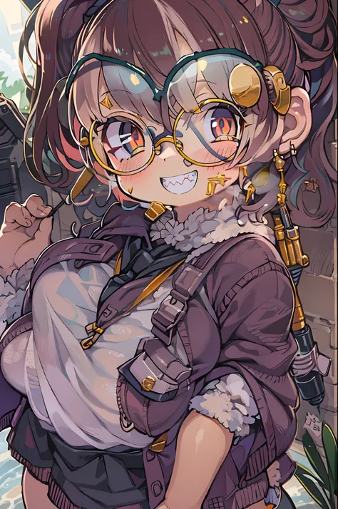 masutepiece, Best Quality, 1girl in, Sharp eyes, Smile,rocket launcher、big round glasses,Camisole、Jagged teeth