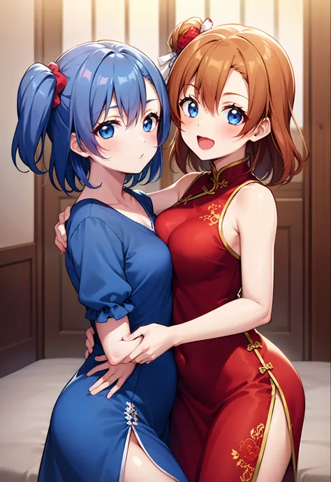 2girls, hug, kousaka honoka, blue eyes, chinese dress, sleeveless,red face,blunt hair,curvy body