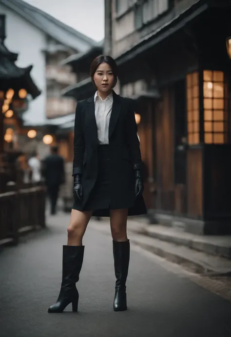 Business suits　Black leather gloves　long boots　Face-to-face　Young japanese lady