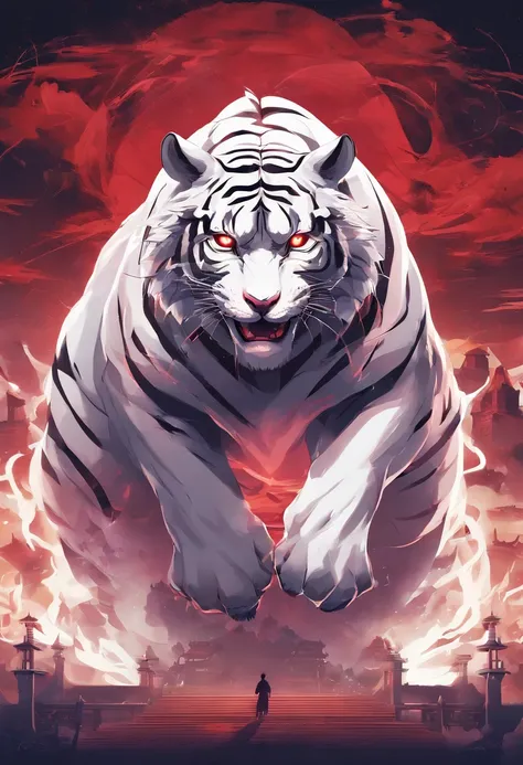 China-style，Chinese mythology，the white tiger，tosen，Ferocious，gargantuan，The eyes glow red，Glow effects，the night，中景 the scene is，Full body like， highly detailed surreal vfx，oc rendered， - AR 16:9 --q 2 --s 1000