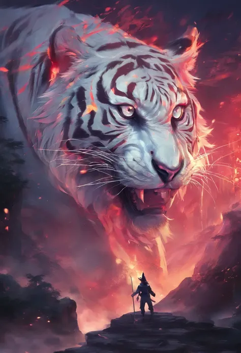 China-style，Chinese mythology，the white tiger，tosen，Ferocious，gargantuan，The eyes glow red，Glow effects，the night，中景 the scene is，Full body like， highly detailed surreal vfx，oc rendered， - AR 16:9 --q 2 --s 1000