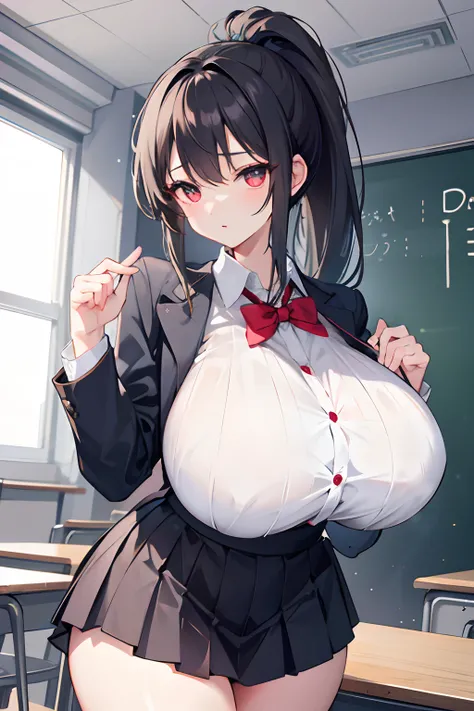 1girll，Big breasts teacher，‎Classroom，High Ponytail，Long whit hair、huge tit(Breast Abundance)、Transparent thighs、Crisp chest、Tying hair