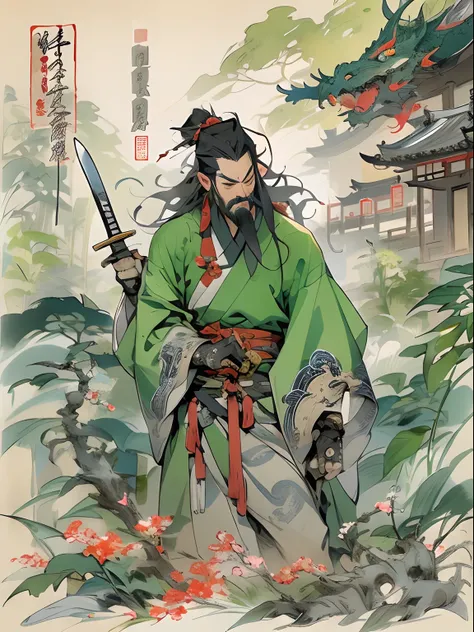 (((China-style，Ink painting method，Half-length portrait，Intense color，Han dynasty, China，Hanfu，Armor，Guan yu，Guan Yunchang，of a guy，Ruddy killing square face，Hold the Blue Dragon Moon Knife in his right hand，Stroke your beard with your left hand，Long hair，...