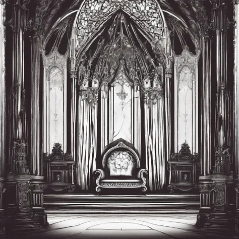 hall with throne of royalty, janela com luar, Cortinas Vermelhas, ((noite)), Gothic style, ((cores obscuras)), terror, cores vivas