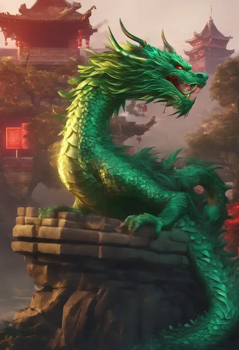 China-style，Chinese mythology，Green Dragon，tosen，Ferocious，gargantuan，The eyes glow red，Glow effects，the night，中景 the scene is，Full body like， highly detailed surreal vfx，oc rendered， - AR 16:9 --q 2 --s 1000