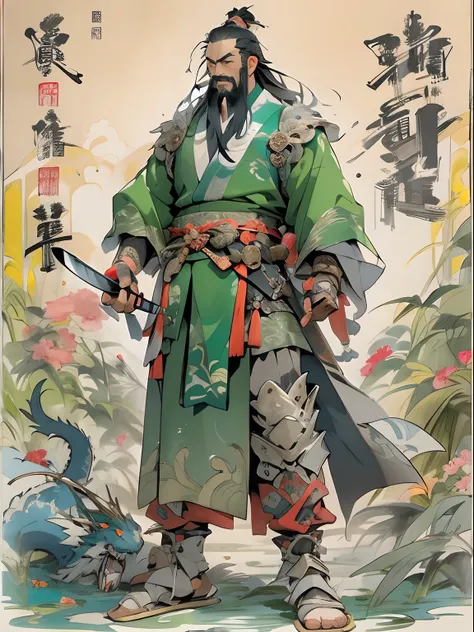 (((China-style，Ink painting method，Half-length portrait，Intense color，Han dynasty, China，Hanfu，Armor，Guan yu，Guan Yunchang，of a guy，Ruddy killing square face，Hold the Blue Dragon Moon Knife in his right hand，Stroke your beard with your left hand，Long hair，...