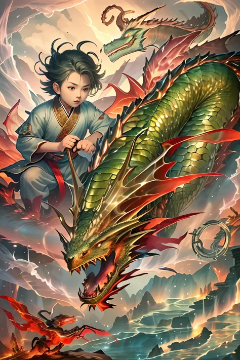 Translucent ethereal oriental dragon，Blood is his eternal medal，Boy riding an oriental dragon，Fierce oriental dragon