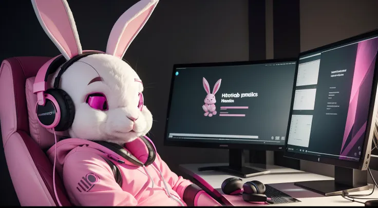 "A humanoid rabbit with pink headphones, seated in a gaming chair, working on a laptop in its office."