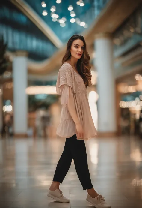 person posing in a mall clothing stork, best quality, 1girl, blur background, bokeh, (mall: 1.4), ((wearing casual clothe s)), gorgeous, , beautiful detailed sky, (dynamic pose:1), soft lighting, wind, ((portrait:1.4)),